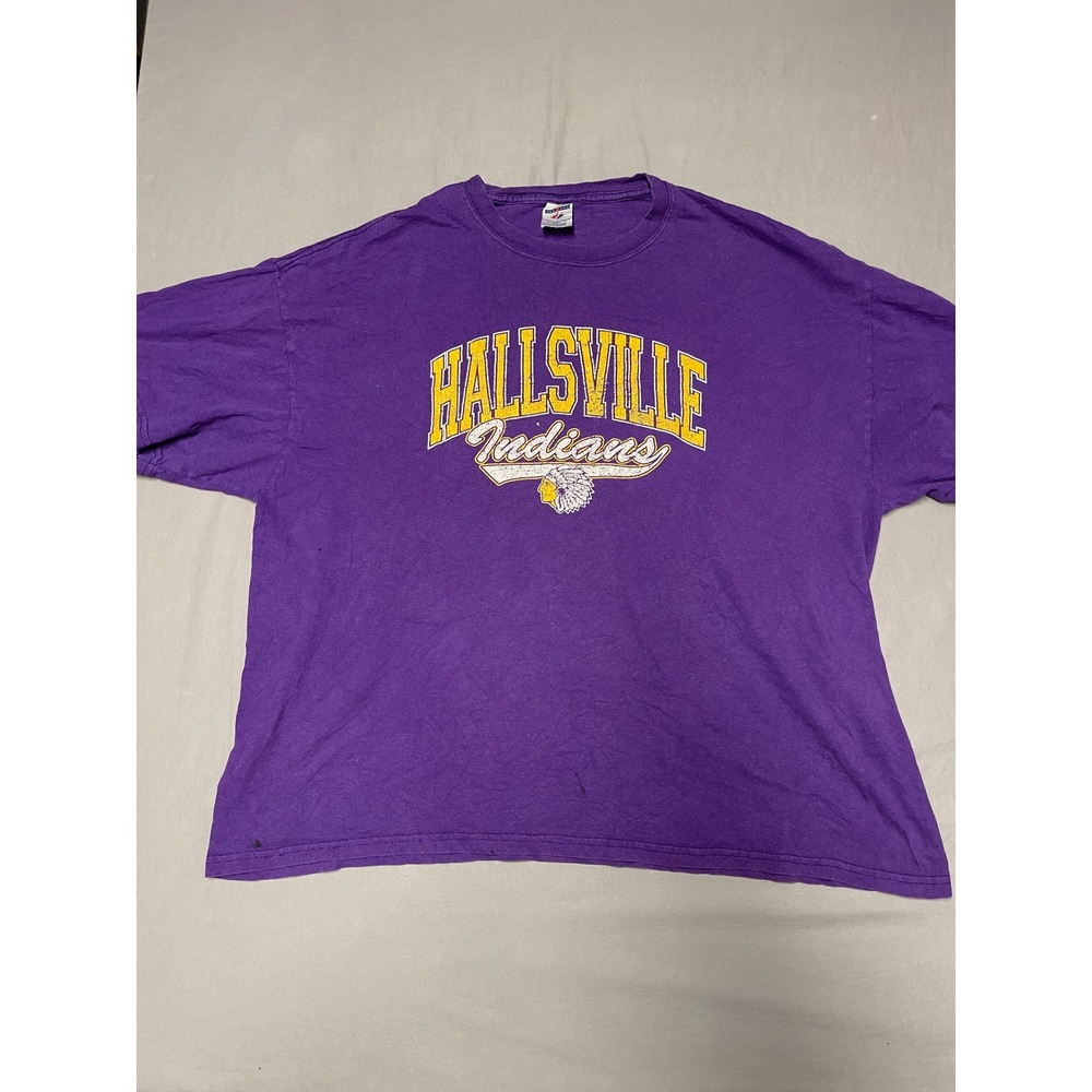 Vintage Jerzees Hallsville Indians Graphic T-Shirt Purple Mens 2XL Heavyweight